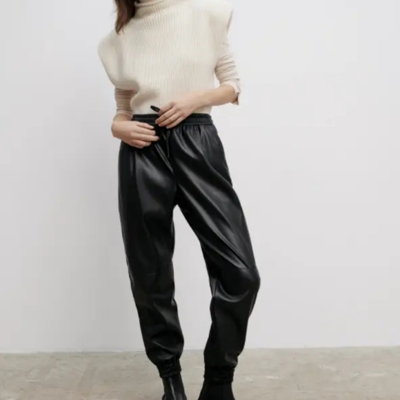Zara Pants - Like new Zara Black Faux Leather Jogging Pants Size Medium